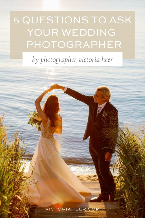 Bride and groom dancing lakeside during golden hour. Image by Victoria Heer, Virginia wedding photographer and overlaid with text that reads 5 Questions to Ask Your Wedding Photographer by photographer Victoria Heer.